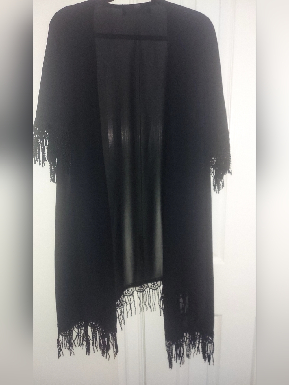 Black Fringe Kimono Cardigan - Women Sweater. OS - Picture 3 of 4